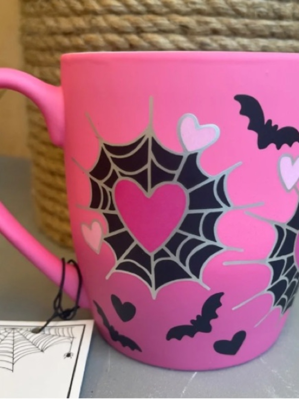 Pink Heart & Spiderweb Halloween Mug - Festive Pink Ceramic